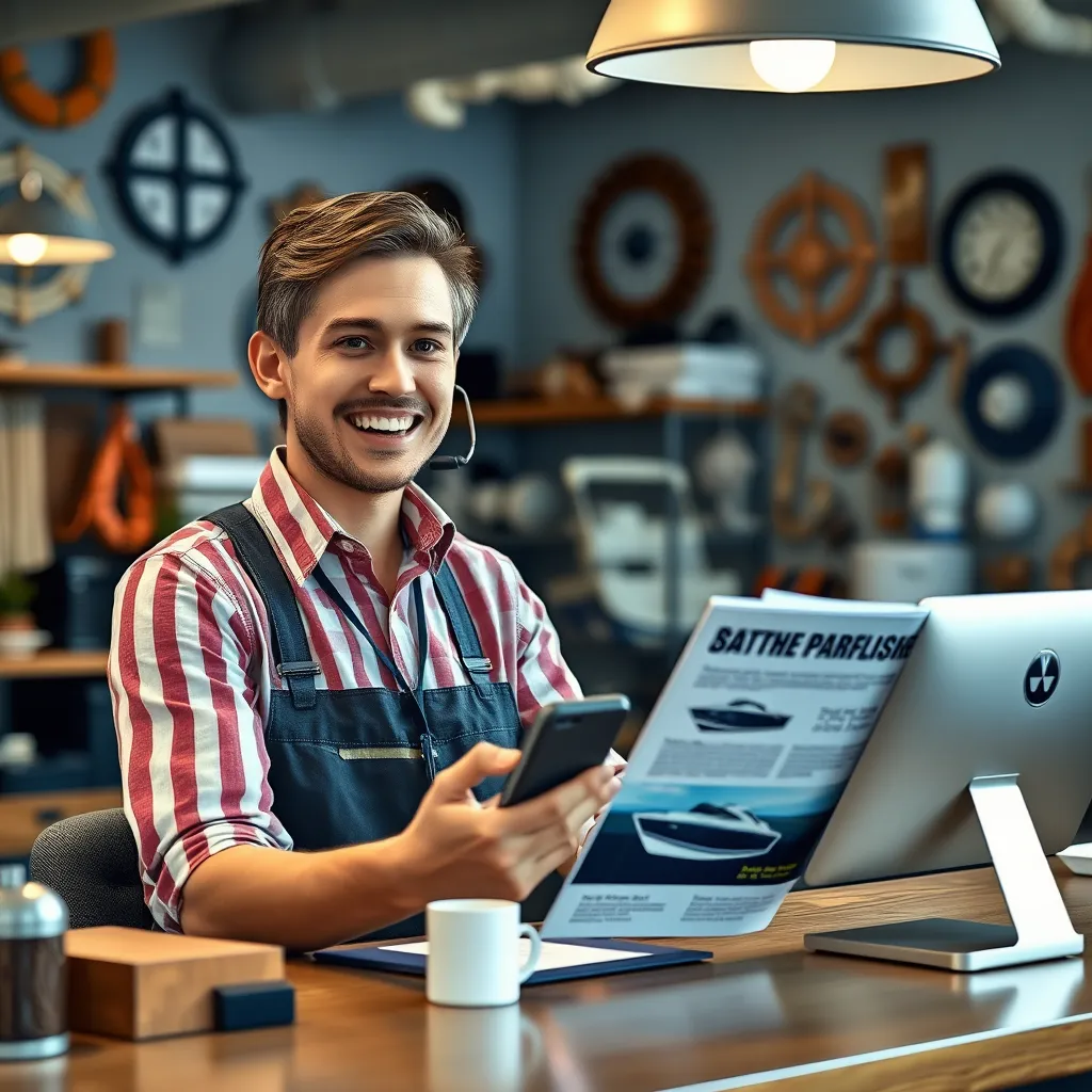 A friendly customer service representative at a desk, with a boat repair brochure and a phone in hand, smiling and engaging in a conversation. The background shows nautical-themed decor, hinting at a maritime repair workshop.