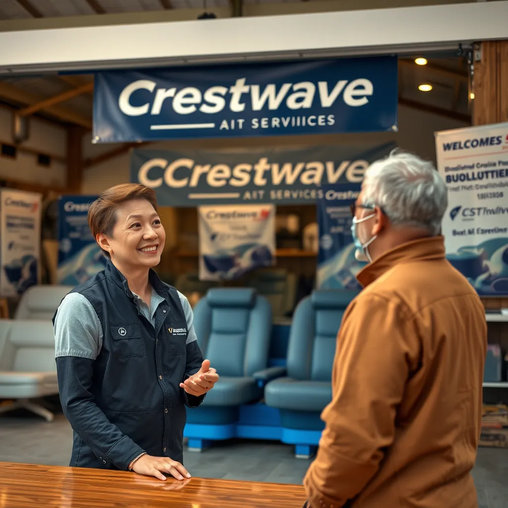 A friendly customer service representative at Crestwave Boat Services interacting with a satisfied customer in front of the workshop. The scene should depict an inviting atmosphere, showcasing a welcoming space with banners of the company’s brand and upholstery projects in the background.