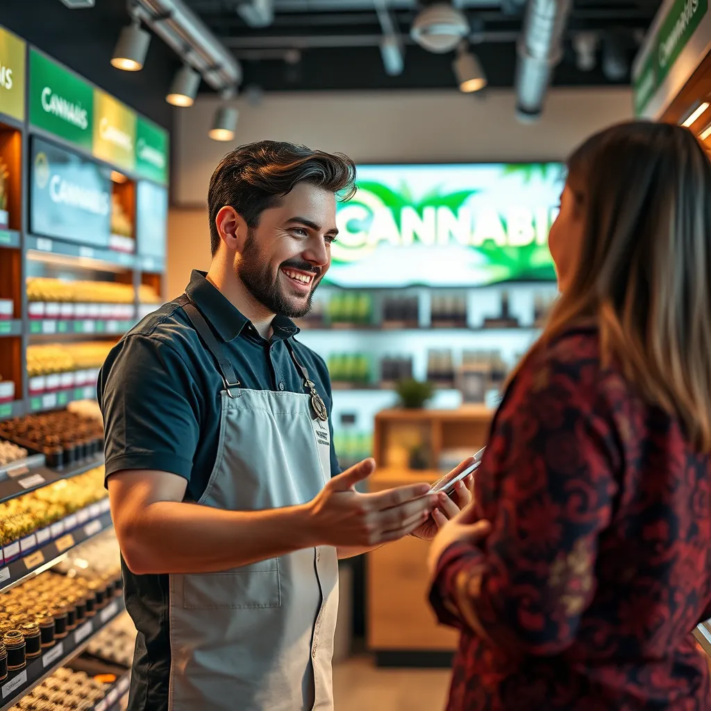A friendly staff member engaging with a customer in a modern cannabis store, showcasing an inviting atmosphere. The staff member is explaining products with a smile, surrounded by colorful cannabis displays that demonstrate expertise and quality assurance.