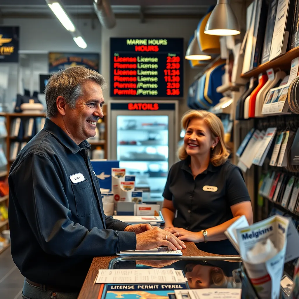 A friendly store employee assisting a customer in a well-stocked marina store. Show the background filled with marine products, licenses, and permits on display, conveying a professional and welcoming atmosphere. Include a sign displaying store hours visibly in the background.