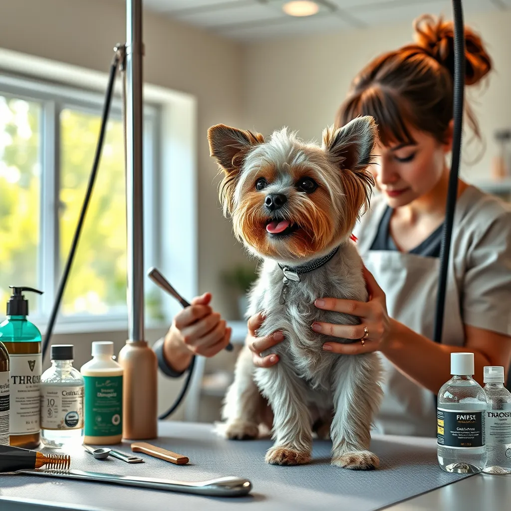 A groomer customizing a grooming session for a small dog, analyzing its coat texture and behavior. The scene should depict a variety of grooming tools, organic shampoos, and a relaxed dog enjoying the personalized care. Include a backdrop of a spacious grooming area filled with natural light.
