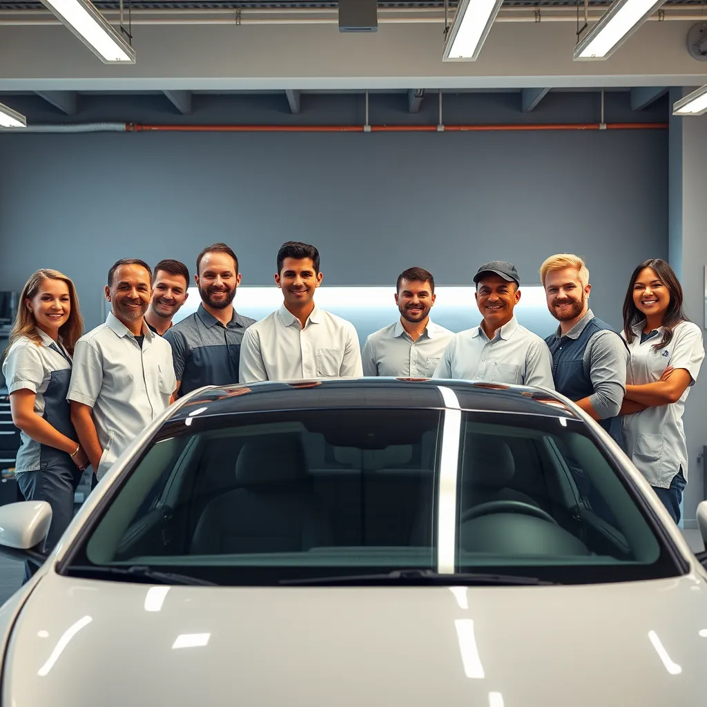 A group of diverse people in their 30s and 40s, wearing clean, professional auto detailing uniforms, standing around a gleaming, polished car, smiling and looking proud of their work.  They are in a well-lit, clean, modern auto detailing shop. 