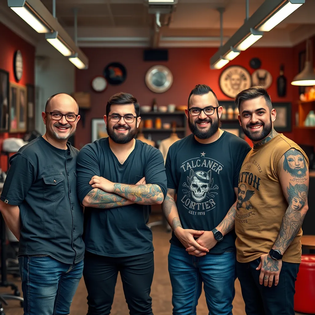 A group of four tattoo artists, each with different styles, standing together in a modern tattoo studio. They are smiling and looking confident, showcasing their professionalism and talent. The studio background should be vibrant and welcoming.