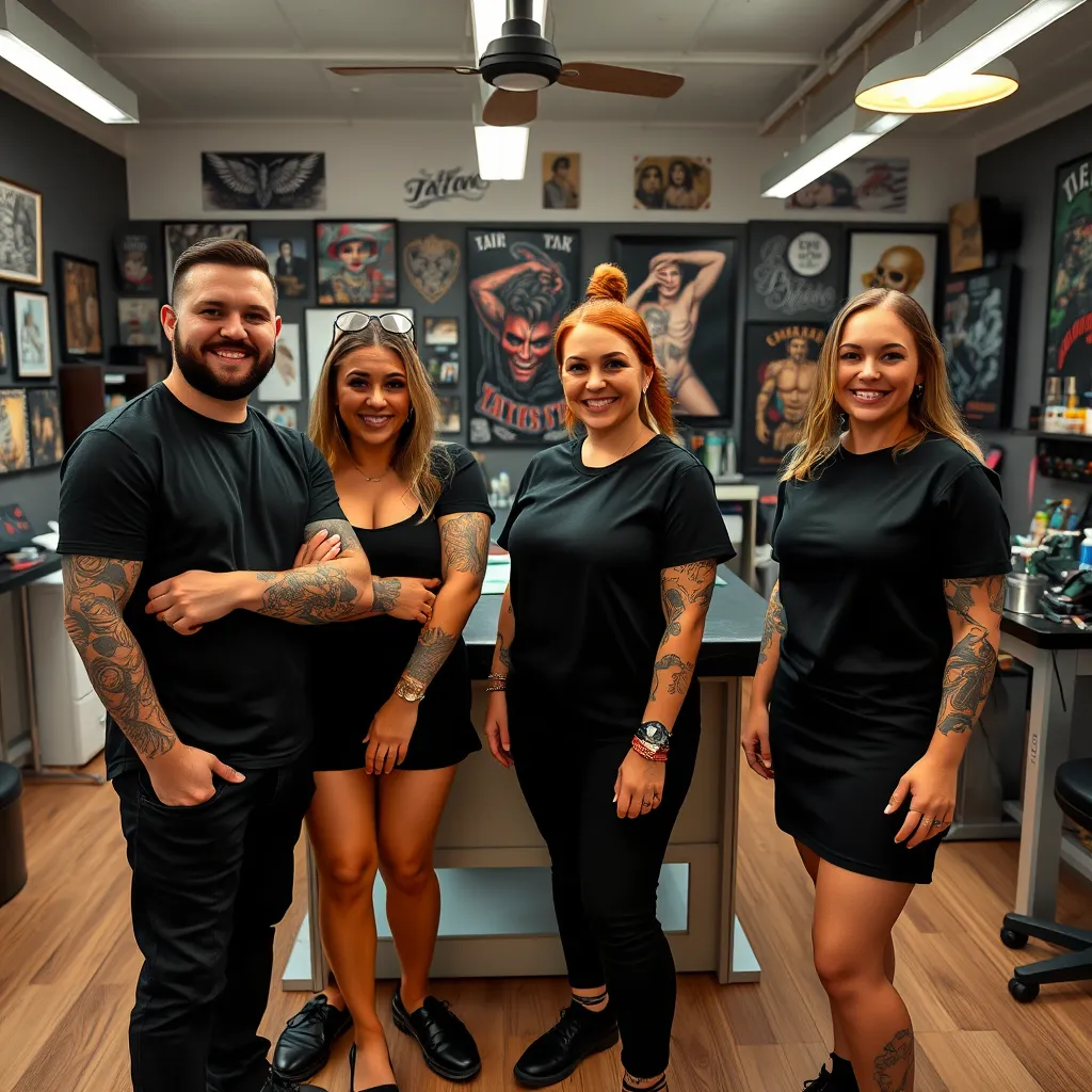 A group of four tattoo artists, two men and two women, standing in a tattoo studio. They are all wearing black clothing and have tattoos on their arms and legs. The studio is brightly lit and decorated with tattoo artwork. There are tattoo machines and other supplies on a table in the background. The artists are looking at the camera and smiling. The image should convey a sense of professionalism, creativity, and diversity.