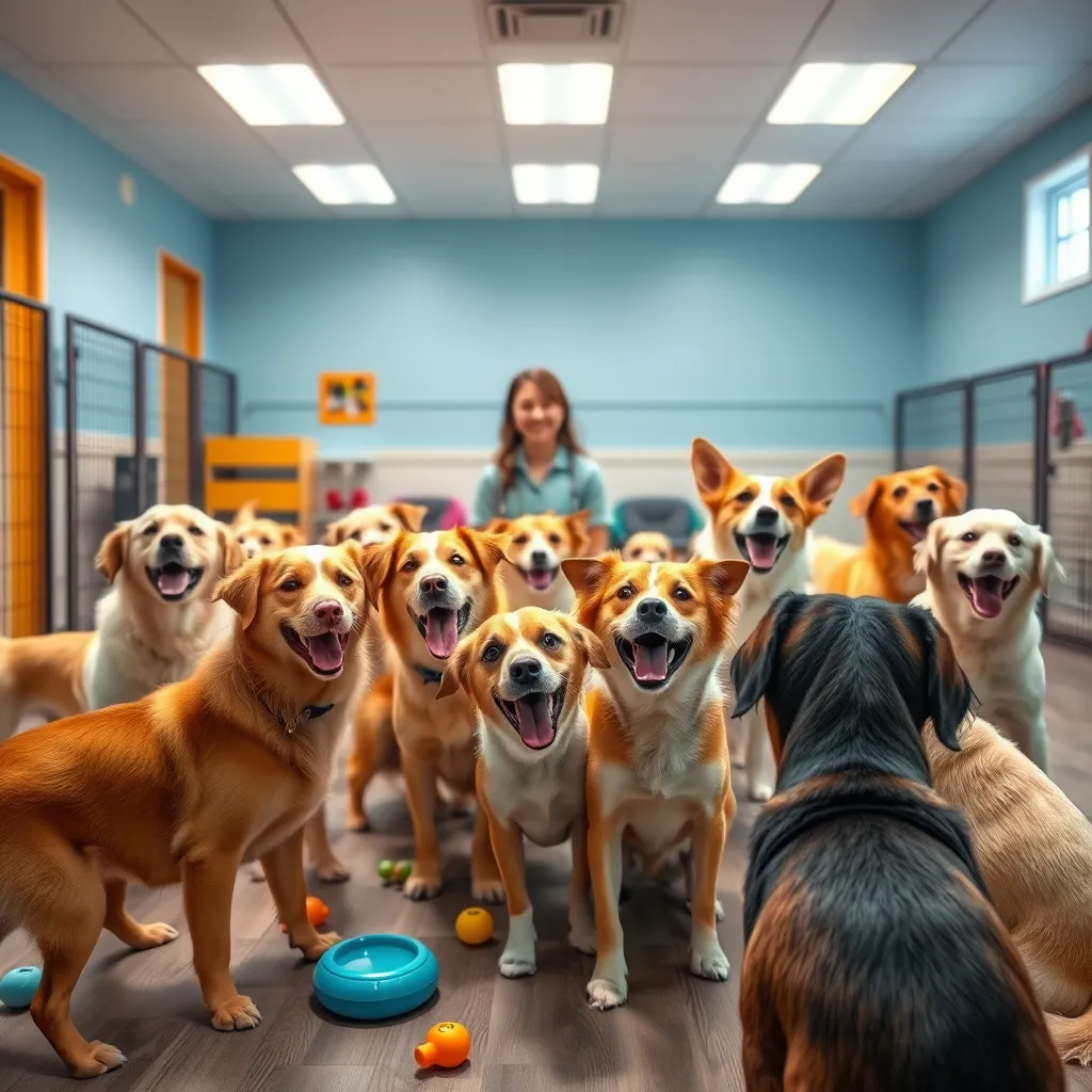 A group of happy dogs playing together in a spacious, well-lit daycare setting. There are toys around, and the dogs are in various playful poses. A caring staff member is supervising, ensuring the dogs are enjoying a safe, lively experience with bright colors and a cheerful atmosphere.