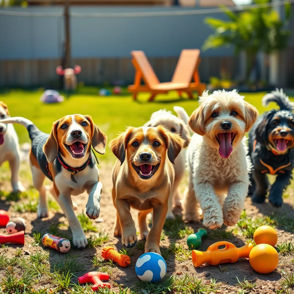 A group of playful dogs, including a beagle and a poodle, frolicking together in a sunny outdoor play yard. Dog toys scattered around, with happy faces and wagging tails, depicting an energetic and fun atmosphere.