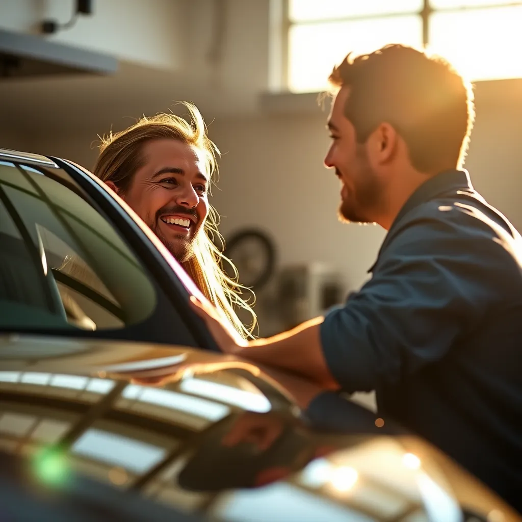 A happy customer smiling and looking at their freshly detailed car, gleaming in the sunlight. The image should capture the joy and satisfaction of receiving a high-quality detailing service.