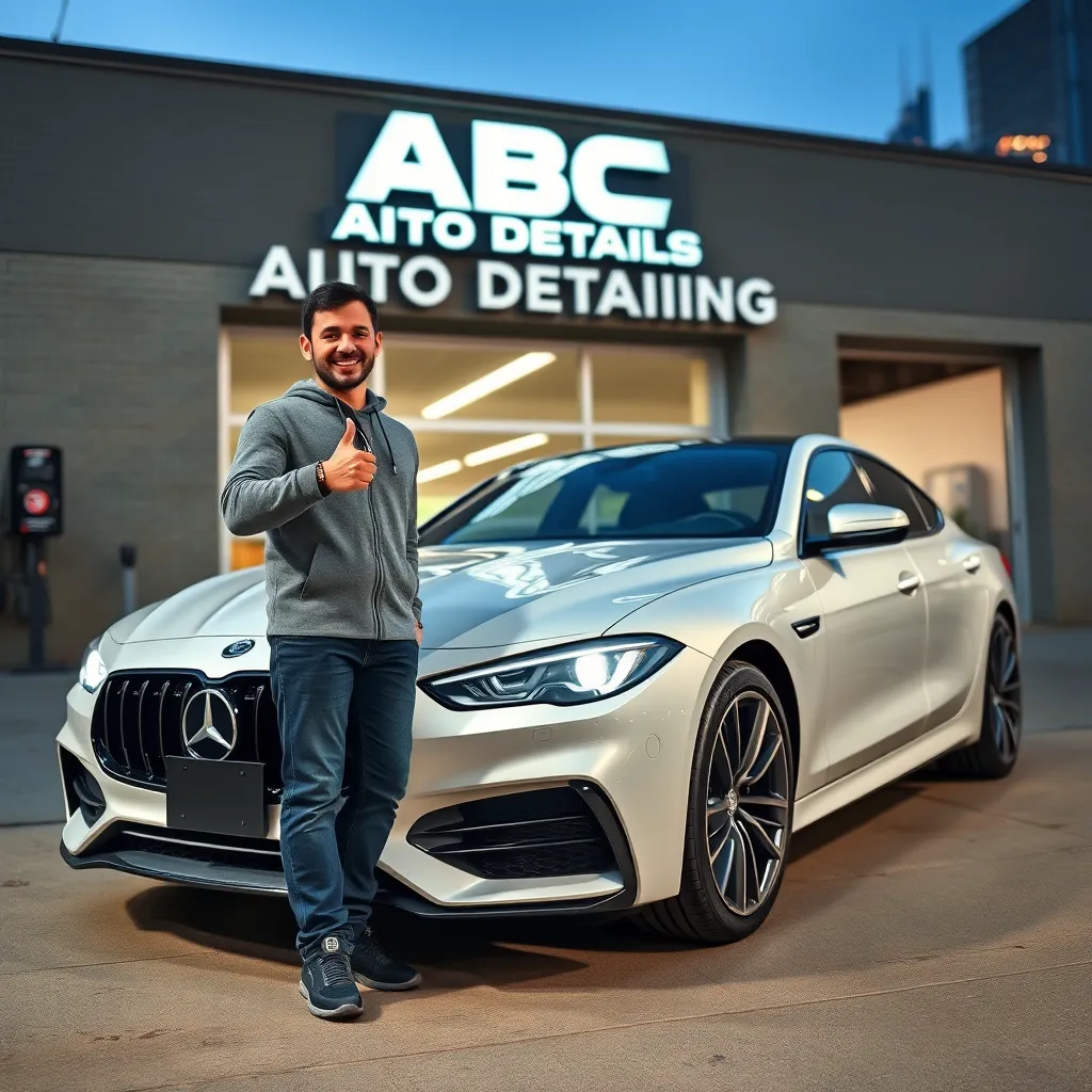 A happy customer standing next to their freshly detailed car in front of the ABC Auto Detailing service center. The car looks exceptionally clean and polished. The customer is smiling, holding a thumbs-up, with the Chicago skyline faintly visible in the background.