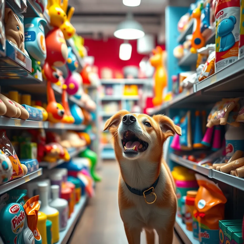 A happy dog exploring a bright and colorful pet retail store surrounded by shelves filled with various pet products like toys, treats, and grooming supplies. The dog is sniffing at a shelf, with a joyful expression, showcasing the vibrant atmosphere of the store.