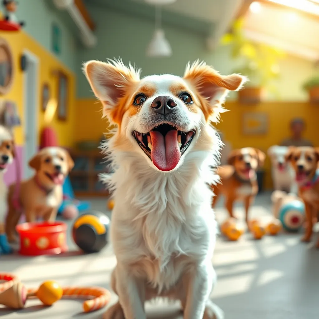 A happy dog post-grooming, capturing its playful and spirited personality. The dog should be in a bright and cheerful play yard, surrounded by toys and other happy dogs, showcasing a vibrant and lively environment filled with natural light.