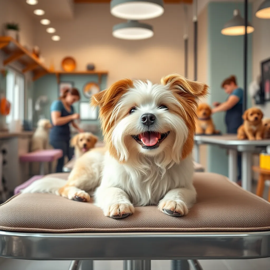 A happy dog with a beautifully styled fur coat lying relaxed on a cushioned grooming table in a bright and cheerful grooming salon. The dog has a satisfied expression, surrounded by grooming tools and luxurious spa products. The background features friendly groomers at work with other dogs in a serene, cage-free environment.