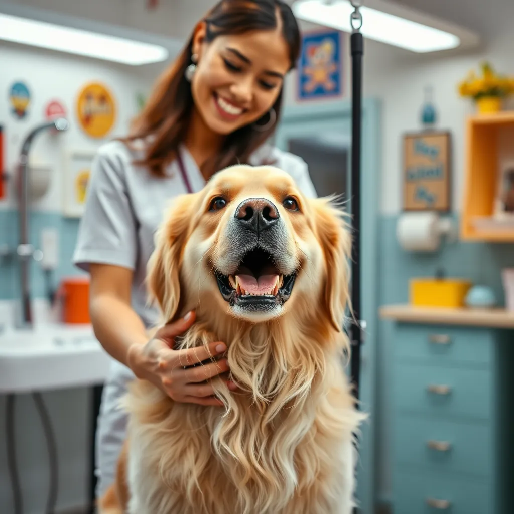 A happy golden retriever getting groomed, with a smiling groomer gently brushing its fur. The atmosphere is bright and cheerful, showcasing dog grooming equipment and colorful decor in a clean, serene environment.