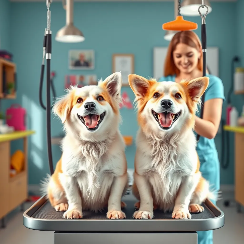 A heartwarming scene showing two happy dogs being groomed side by side in a calm and cheerful dog grooming salon, with vibrant colors, professional grooming tools, and a friendly groomer. The setting should reflect a stress-free cage-free environment with natural light.