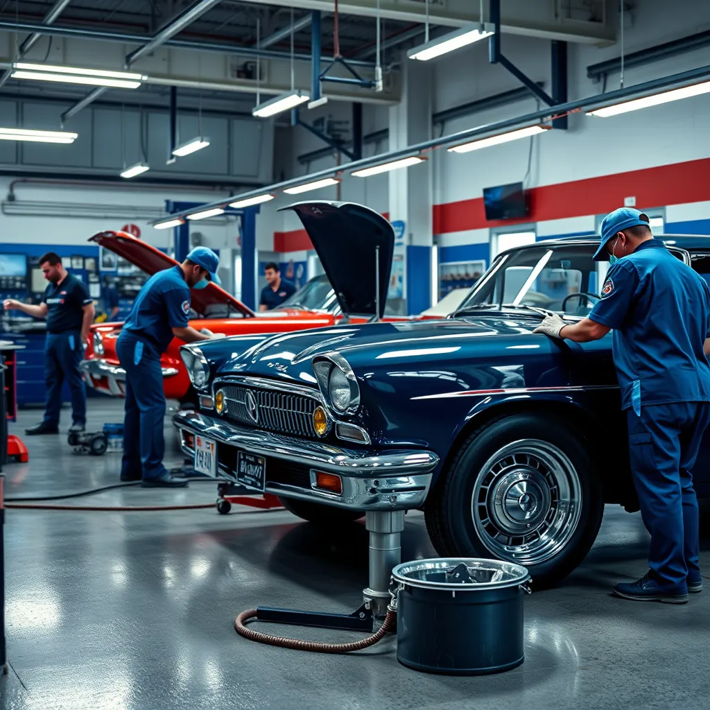 A high-quality, photorealistic image of a car detailing shop. The scene depicts technicians working on various car repairs such as bumper repair, wheel repair, and dent detailing. There should be a classic car getting waxed in the background.