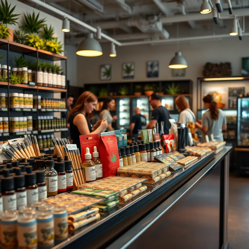 A high-quality, photorealistic image of a well-organized display of cannabis products in an inviting store. Featuring pre-rolls, tinctures, edibles, and vapes. The background includes friendly staff assisting customers, with a warm, welcoming atmosphere.
