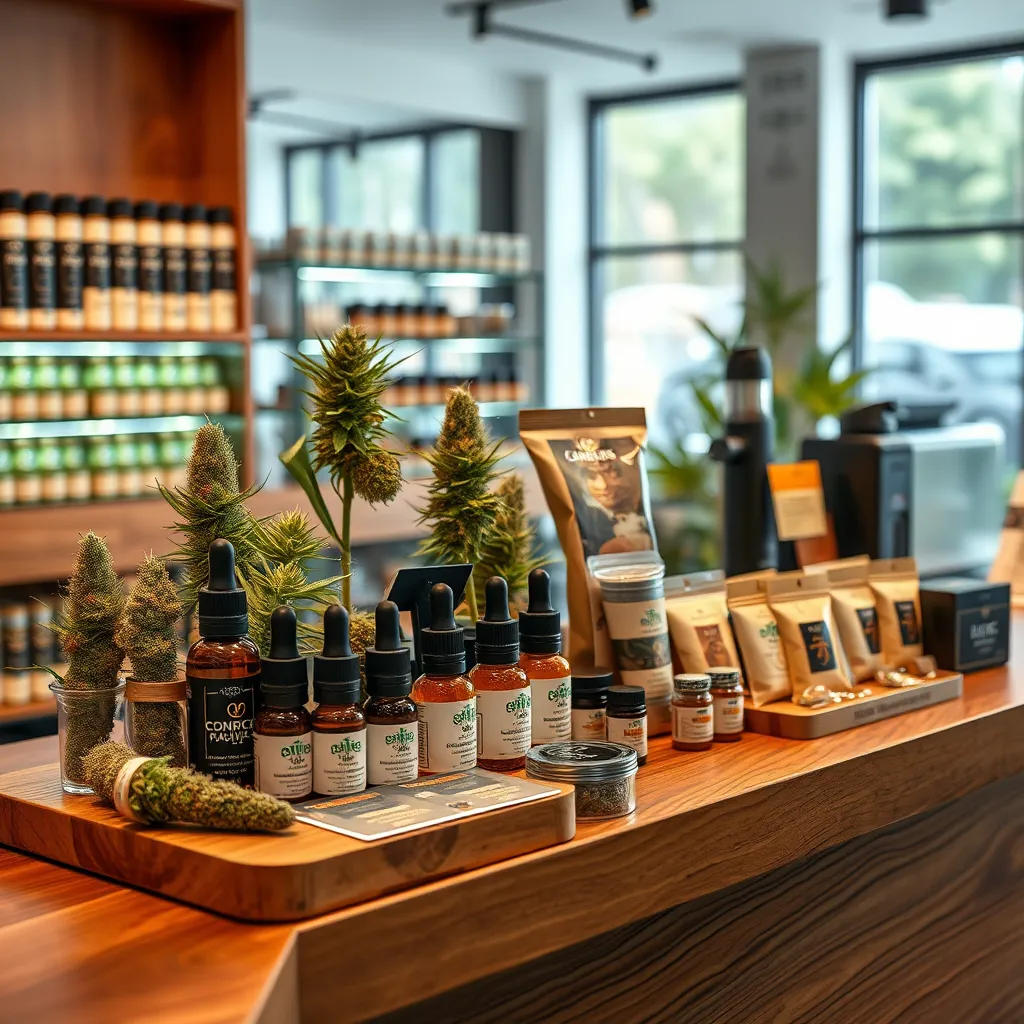A high-quality, photorealistic image of a beautifully arranged display of various cannabis products including pre-rolls, tinctures, edibles, and a vaporizer on a stylish wooden counter in a modern cannabis store setting.