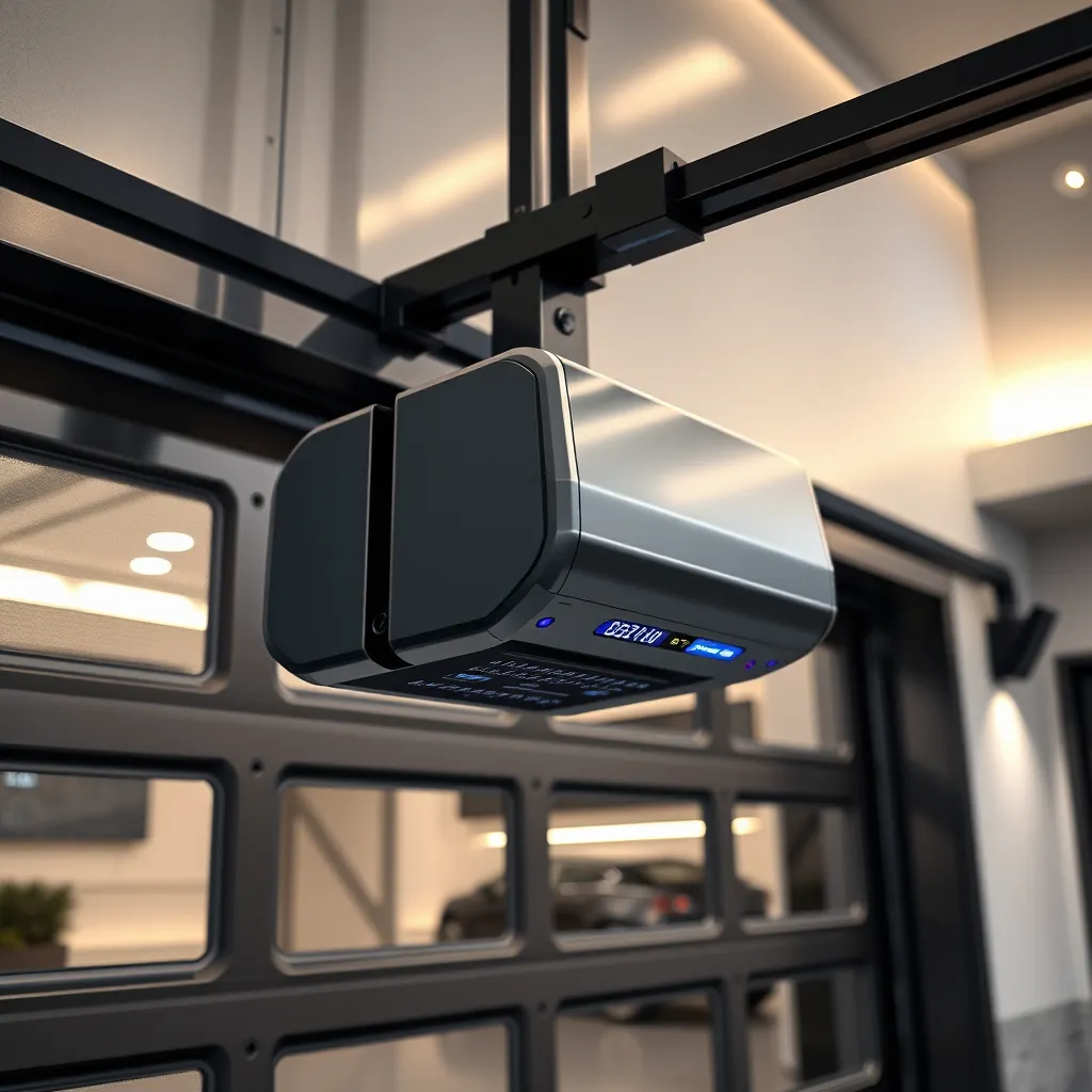A high-quality image depicting a close-up view of a modern garage door opener mechanism installed on a luxurious garage door. The scene should feature sleek design elements, digital interfaces, and state-of-the-art technology, set against a contemporary garage backdrop.