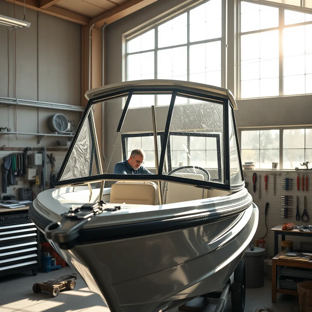 A high-quality image of a boat in a repair shop, showing a technician replacing a boat glass within a frame. Bright sunlight filters through the workshop's windows, highlighting tools and equipment organized neatly around the workspace.