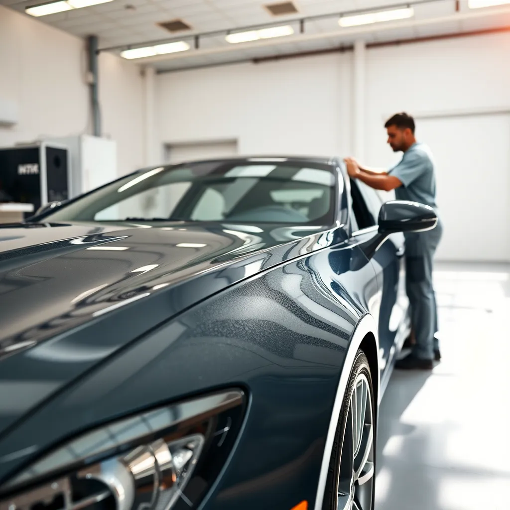 A high-quality image of a gleaming car after detailing, with a technician applying a protective wax coat. The scene captures the car in a clean, open space with sunlight reflecting off its surface, showcasing the stunning shine and protection provided.