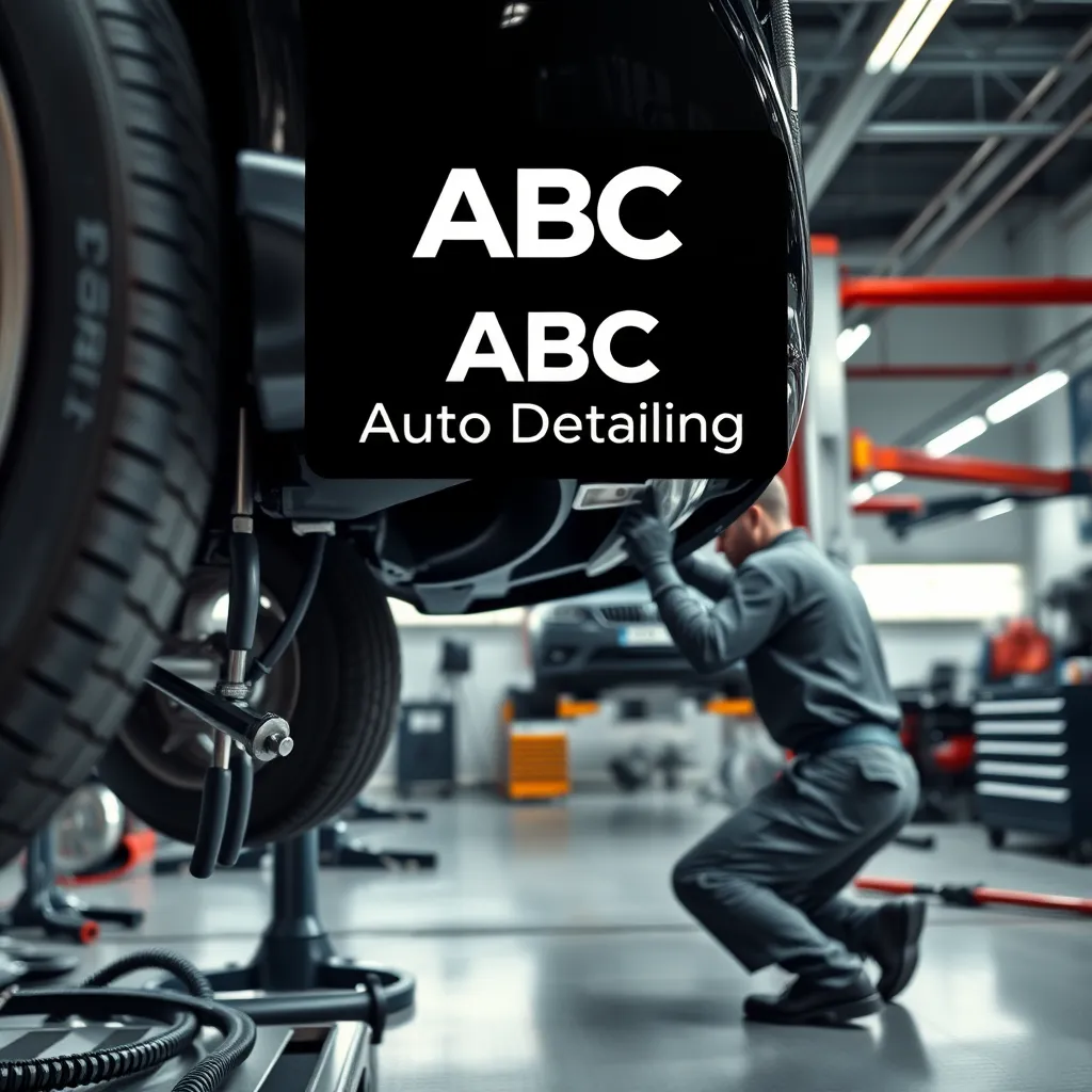 A high-resolution, photorealistic image of a car repair shop with technicians working on the bumper and wheels of a car. Detailed tools and equipment are visible, with a car lift in the background. The company logo 'ABC Auto Detailing' is prominently displayed.