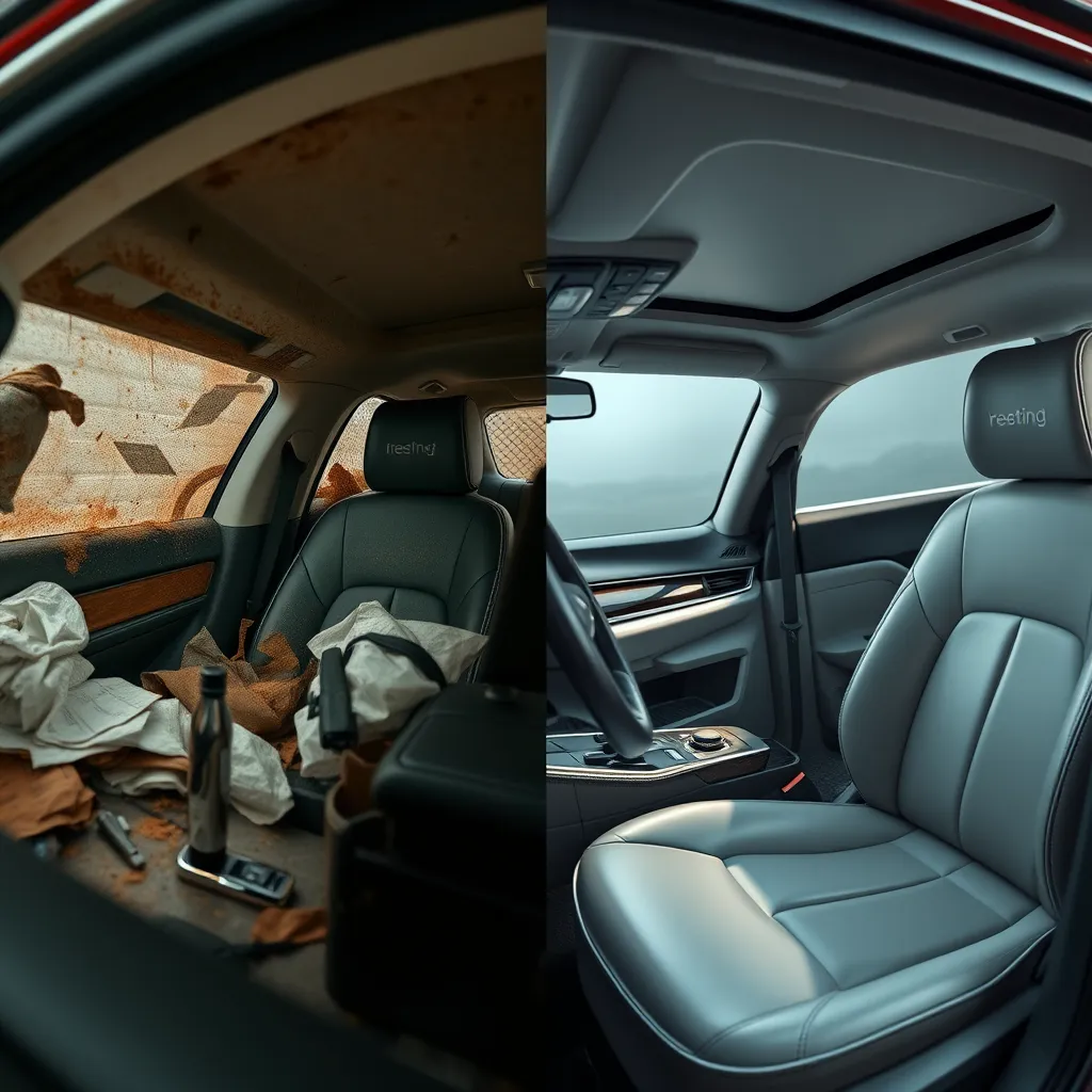 A high-resolution image of a car interior. One side shows a messy, cluttered car interior with stains and dirt. The other side showcases an immaculately clean interior with pristine leather seats and a polished dashboard. Subtle lighting highlights the cleanliness.