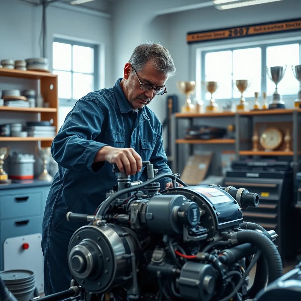 A highly detailed, photorealistic image showcasing a marine technician working on a boat engine inside a well-lit workshop. The technician, a middle-aged individual wearing a blue jumpsuit, is focused on an open outboard engine, surrounded by various tools and equipment. Soft, diffused lighting filters through the workshop windows, highlighting the intricate components of the engine. The color palette consists of shades of blue and gray, evoking a calm and professional mood. The camera is positioned at a slightly low angle, capturing both the technician’s concentrated expression and the complex engine components. Textured materials such as polished metal and rubber hoses contrast with the smooth surfaces of the workbench. Background elements include shelves filled with spare parts and trophies symbolizing the company's long-standing reputation since 2007. Style references include hyperrealistic photography, emphasizing detail. The image should be rendered in 8K resolution with ultra-detailed textures.