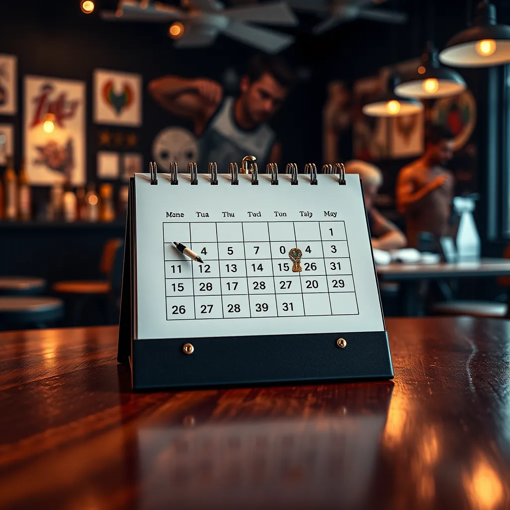 A highly detailed and photorealistic image of a sleek, modern calendar with a hand holding a pen, circling a date on the calendar. The calendar should be on a polished wooden table, surrounded by a modern and inviting tattoo studio setting.  The background should be a blurred image of a tattoo artist working on a client, showcasing a diverse range of tattoos and styles. The image should be captured in a warm, soft light, highlighting the calendar and the hand holding the pen. The color palette should be a mix of warm browns, blacks, and accents of vibrant blues and greens, reflecting the contemporary design of the studio.  The overall mood should be one of professional organization, creativity, and excitement, showcasing the studio's commitment to delivering high-quality tattoo experiences.