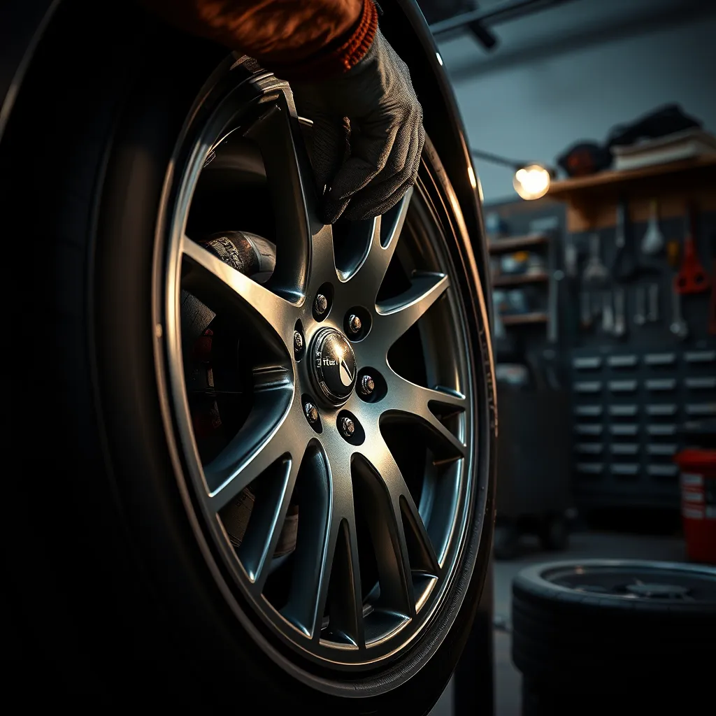 A hyperrealistic close-up shot of a car wheel being repaired by a skilled mechanic. The mechanic's hands, in protective gloves, are working on a high-end alloy wheel, emphasizing the repair process with specialized tools. Dramatic side lighting creates deep contrasts and highlights the wheel's intricate patterns and textures. The color palette includes polished steel, matte black tires, and subtle reflections. The camera angle is tight on the wheel, capturing the detailed textures of the tire tread and the metallic sheen of the alloy. The surrounding environment shows a clean, professional workshop with organized tools in the background. The mood is focused and meticulous, with an emphasis on precision and craftsmanship. Rendered in 8K resolution, hyperrealistic, ultra-detailed, in the style of automotive photography by Ansel Adams.