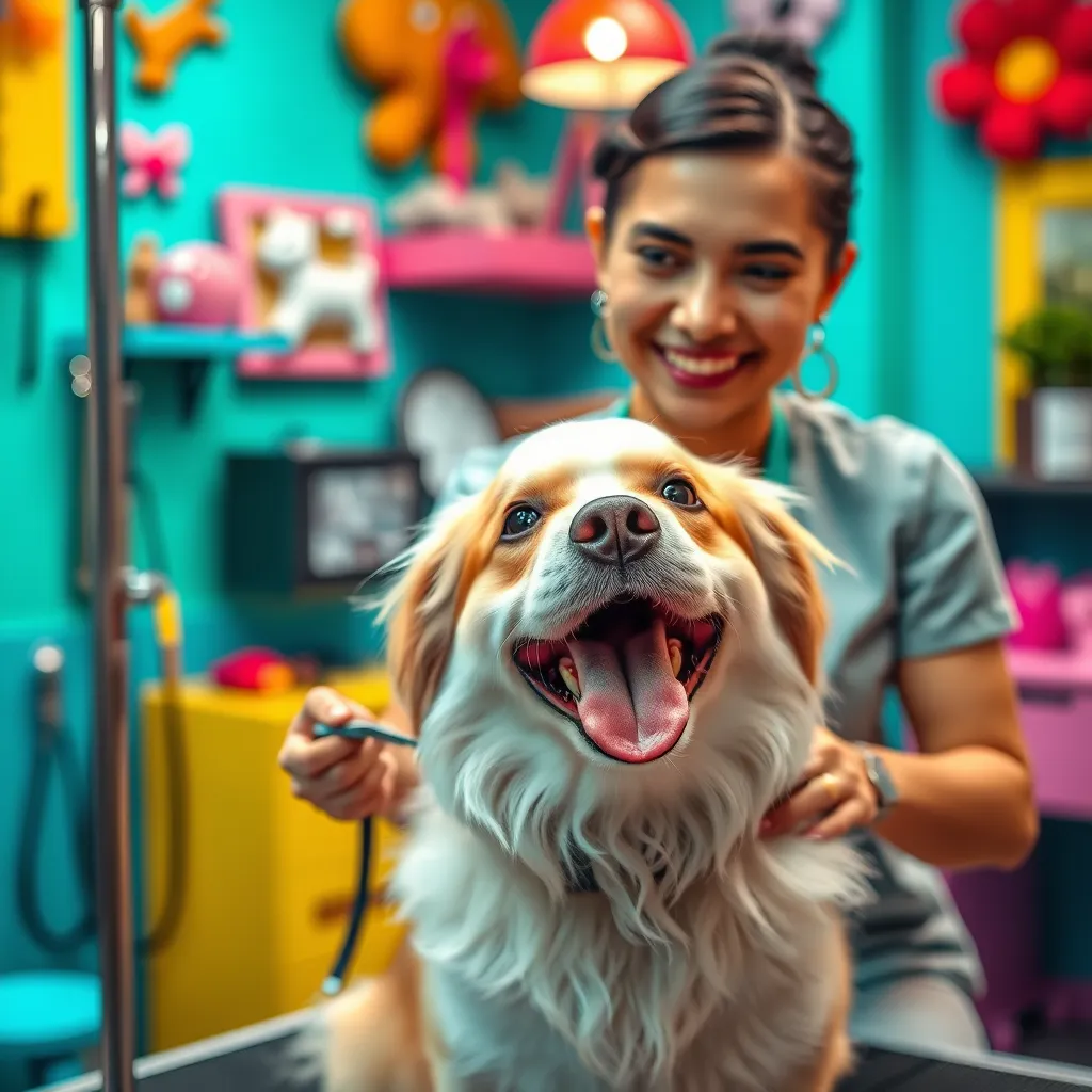 A joyful dog being groomed by a professional groomer in a colorful, lively grooming salon. The dog appears happy with a shiny coat, and the groomer is smiling while using high-quality grooming tools. The background showcases vibrant pet decor, emphasizing the joyful atmosphere.