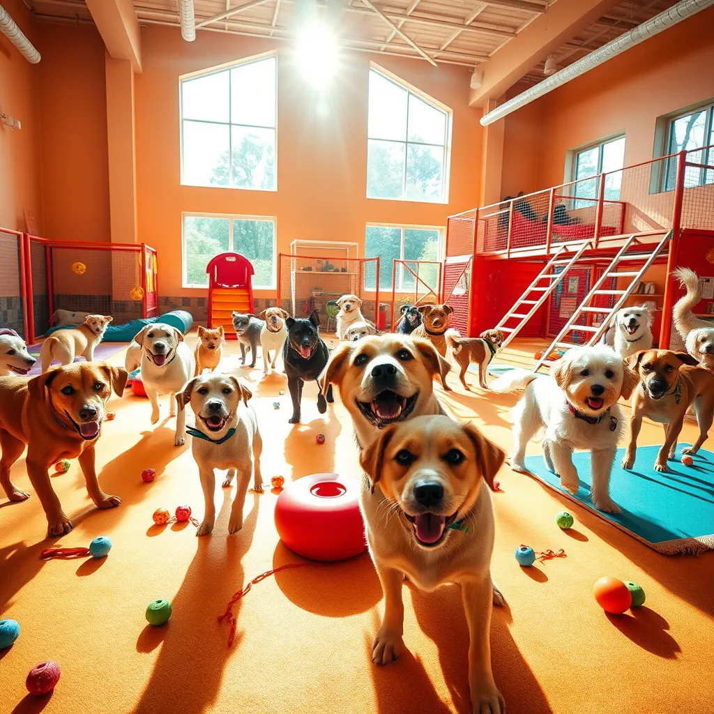 A lively dog daycare environment filled with playful dogs of various breeds interacting in a spacious, colorful play area. Sunlight streams in through large windows, creating a serene and vibrant atmosphere. The composition showcases a mix of dogs—happy Labradors, energetic Terriers, and playful Poodles—engaging in activities like fetch and tug-of-war. Warm, bright colors dominate the scene, enriching the sense of joy and activity. The perspective is from a low angle, capturing the dogs at their level, enhancing their playful nature. Various toys scatter around the space, while vibrant mats and safe climbing structures add to the cheerful setting. Textures of fur, soft play mats, and the dog-friendly equipment are distinct. The style leans towards an authentic documentary photography approach, emphasizing the joy of canine companionship. The image is in 8K resolution to showcase the energy and details perfectly.