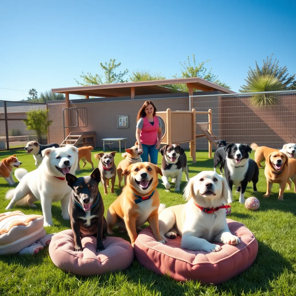 A lively dog daycare scene with multiple dogs of various breeds happily playing in a sunny, green outdoor yard. There are soft toys scattered around, a pet-friendly jungle gym, and a friendly staff member engaging with the dogs. Clear blue skies above.