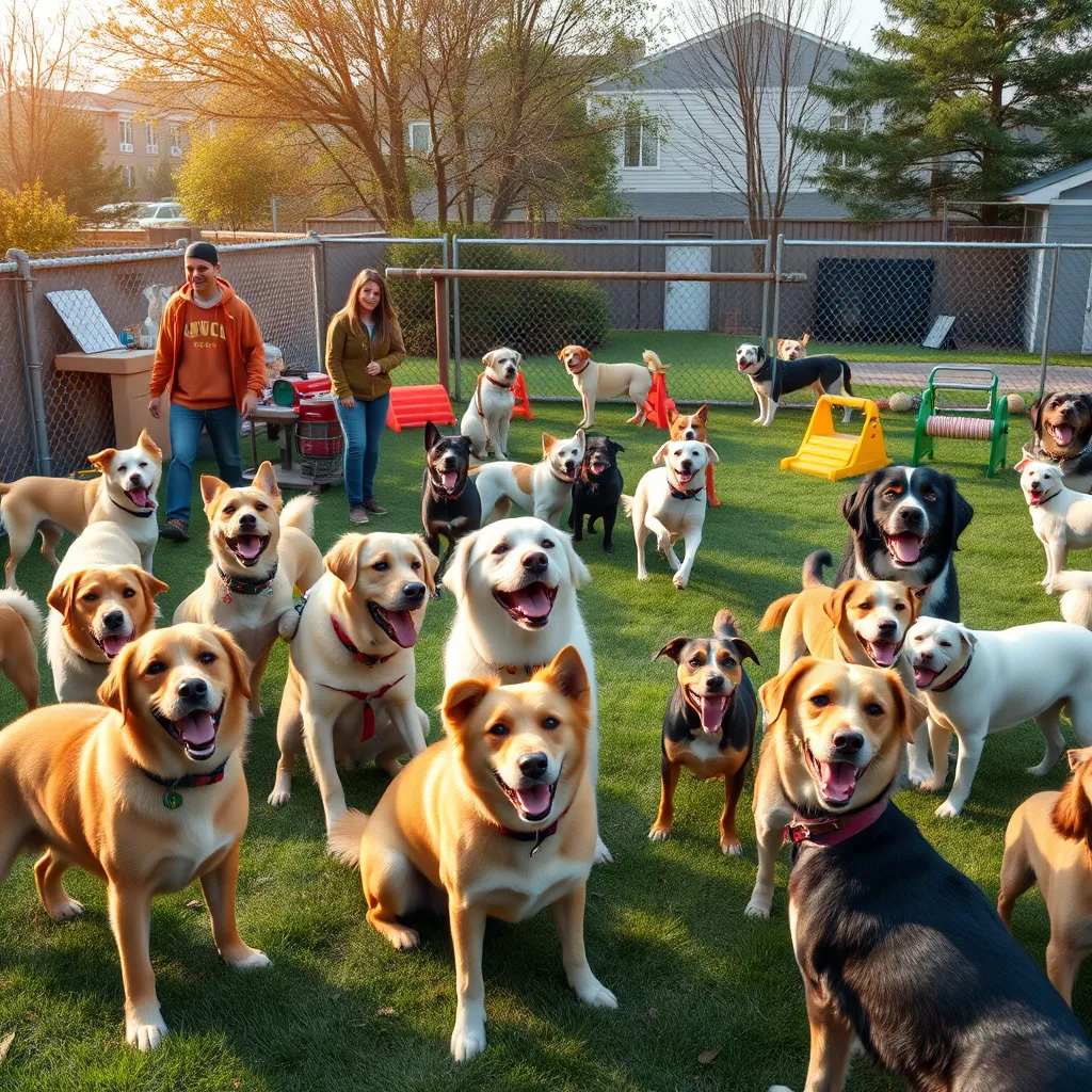 A lively dog daycare scene with various breeds of dogs happily playing together in a spacious, fenced outdoor area. Staff members are engaging with the dogs, and colorful toys and agility equipment are scattered throughout the yard.