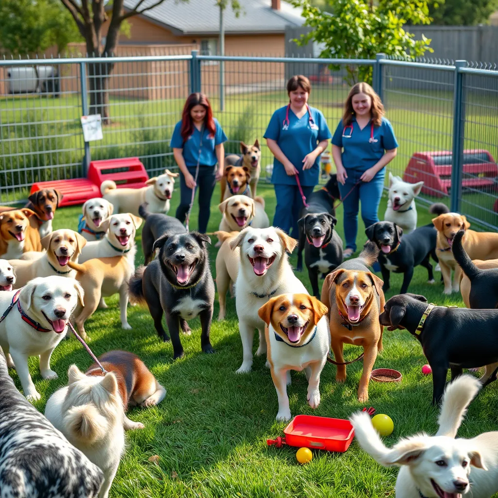 A lively dog daycare scene with multiple dogs playing together in a fenced yard, lush grass, and colorful toys. Include happy staff members supervising and playing with the dogs to emphasize community and joy.