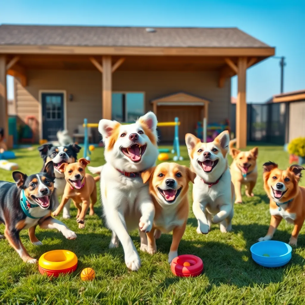 A lively scene of several happy dogs playing together in a spacious outdoor play yard. The yard is filled with toys, agility equipment, and green grass, under a clear blue sky. Dogs of different breeds are seen interacting joyfully, showcasing their playful personalities.