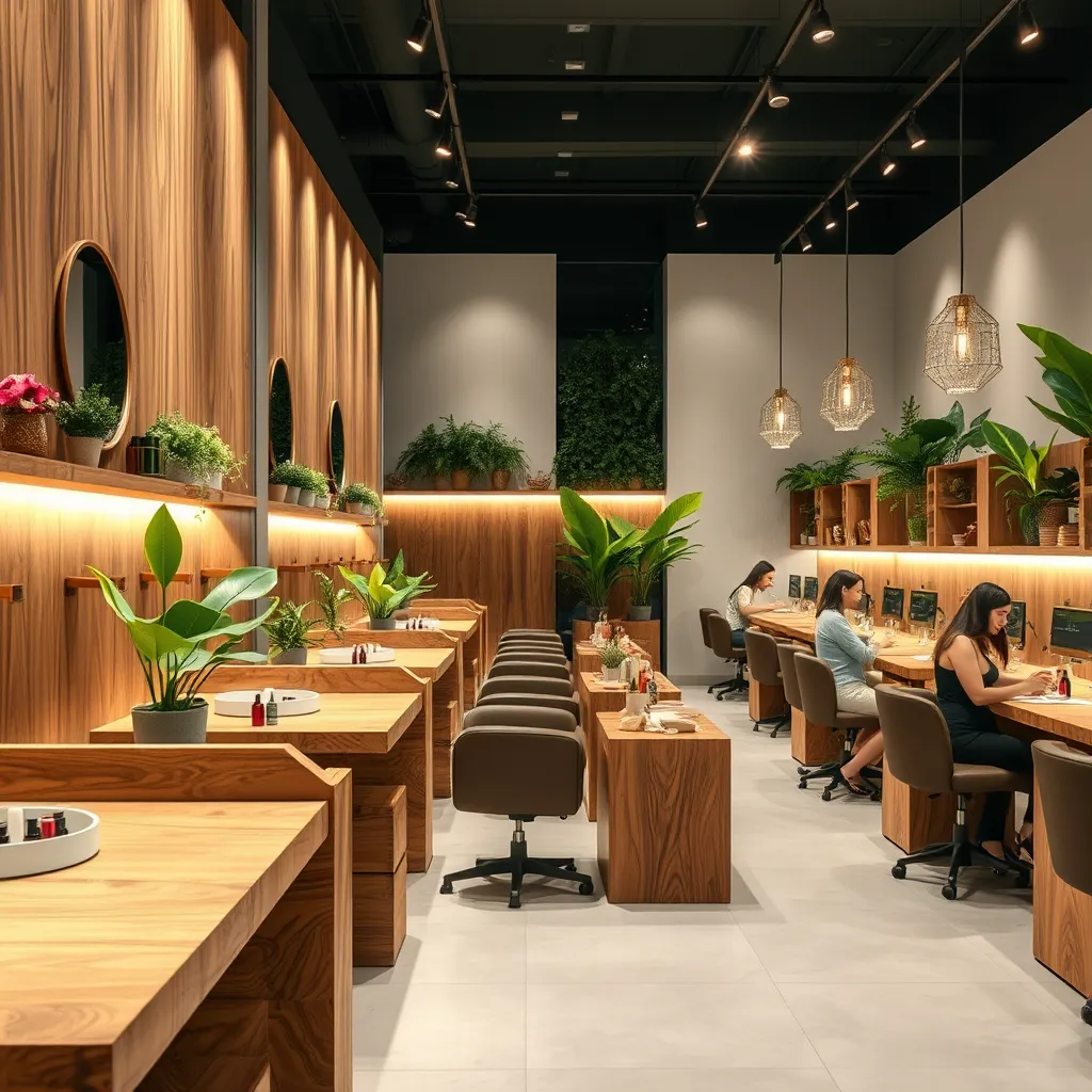 A luxurious nail salon interior showcasing eco-friendly materials. The scene includes elegant nail stations made of reclaimed wood, plants for decoration, natural polishes, and eco-conscious clients enjoying manicures in a serene, green atmosphere.
