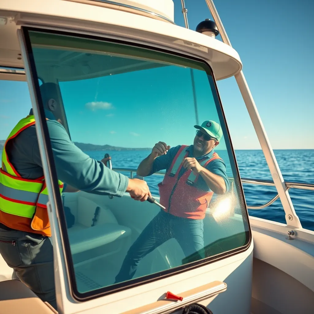 A marine professional replacing a large glass panel on a boat, with tools and safety gear visible. The scene conveys precision and care, with a beautiful lake in the background, illustrating the importance of clear and durable glass for boating.