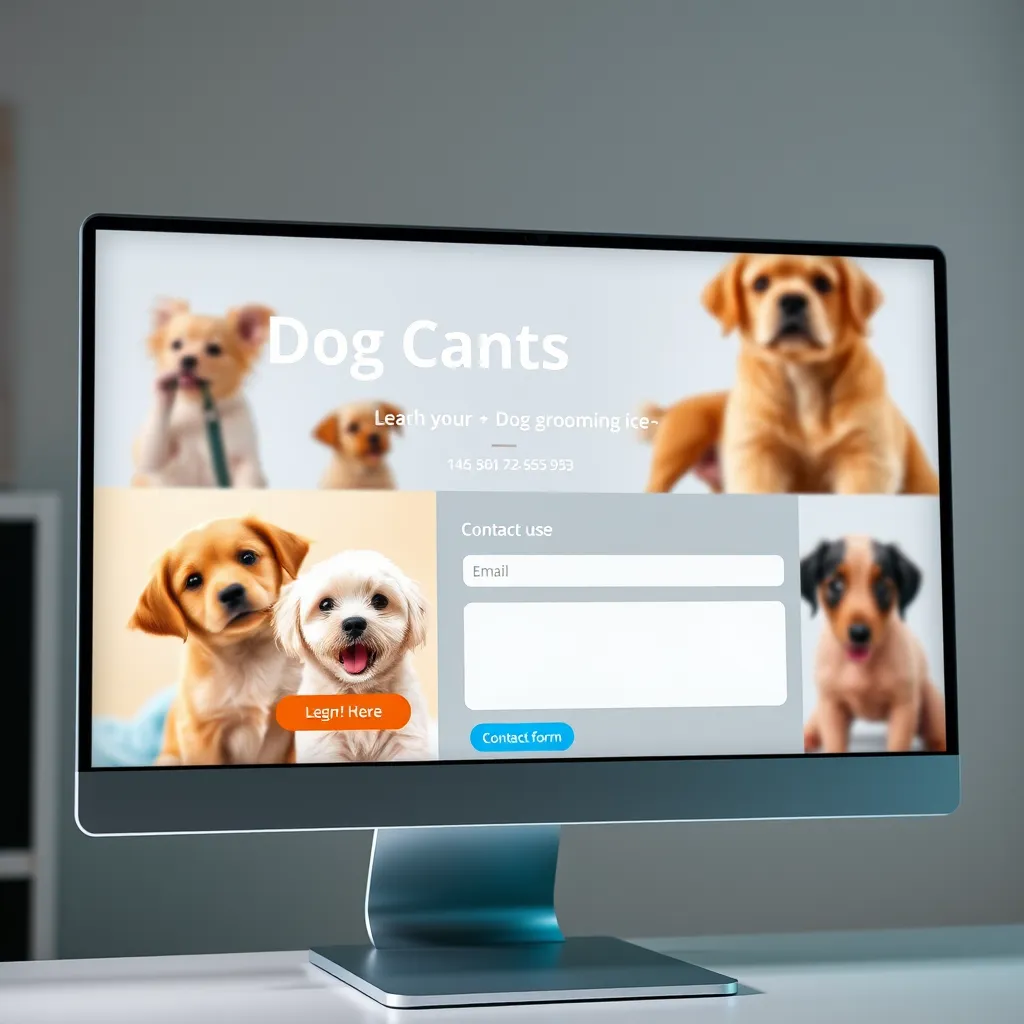A modern computer screen displaying a user-friendly contact page for a dog grooming service, with options for phone, email, and a contact form. The background includes images of dogs playing and being groomed to evoke a friendly atmosphere.