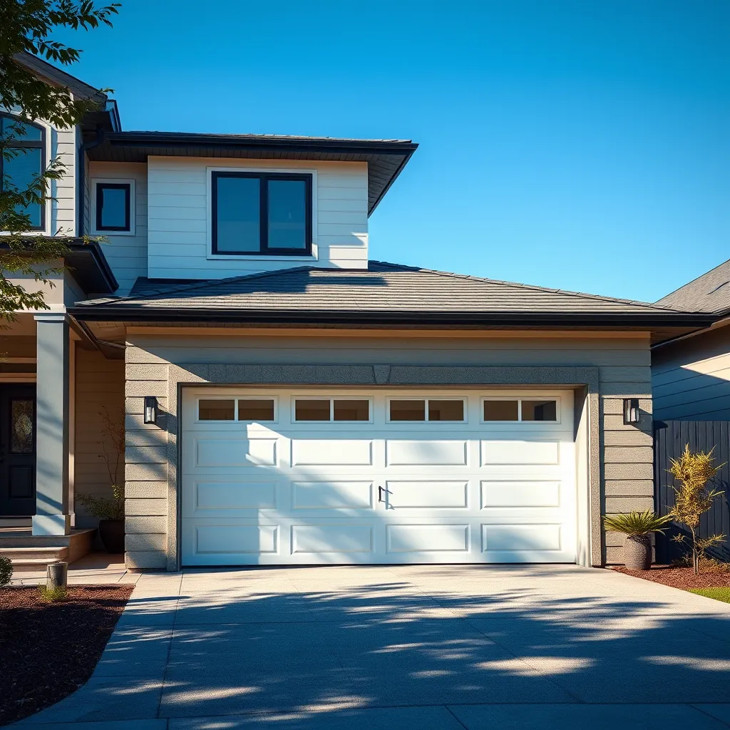 A modern home exterior featuring a newly installed, stylish garage door. The image should showcase various design options, highlighting both classic and contemporary styles. Natural sunlight casts soft shadows, creating an inviting atmosphere.