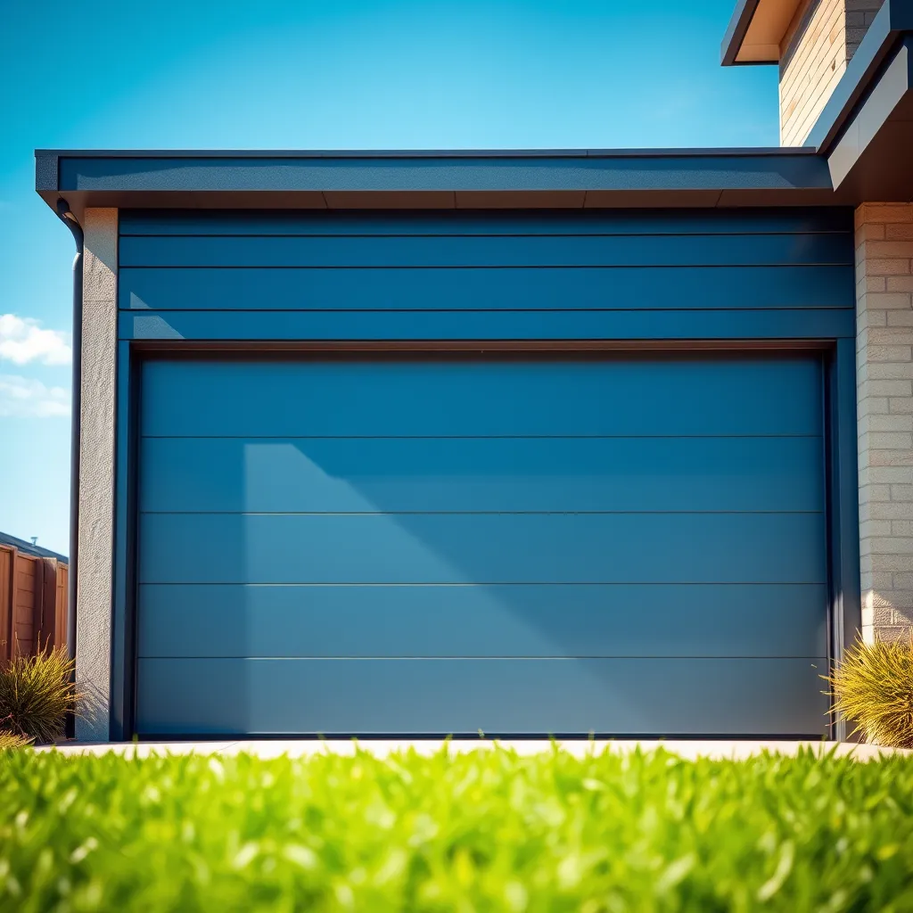 A modern residential garage with a freshly installed, sleek garage door in the forefront. The door features a contemporary design with horizontal panels, painted in a rich, deep blue hue. Soft diffused lighting bathes the scene, highlighting the textures of the door's materials such as steel. The camera angle is slightly lower, capturing the garage in a dynamic perspective that emphasizes the architectural elements of the home as well. A well-manicured lawn garnishes the foreground, adding a pop of green to the palette, while the backdrop is filled with a clear blue sky providing an inviting atmosphere. The overall mood is fresh and modern, creating a vibrant appeal. Hyperrealistic quality and 8K resolution are key specifications.