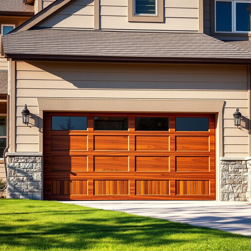 A modern suburban home showcasing a freshly installed, stylish garage door. The door features a combination of wood and glass, enhancing the home’s exterior. Bright sunlight casts gentle shadows, highlighting the detailed textures of the door. A well-manicured lawn is visible in front.
