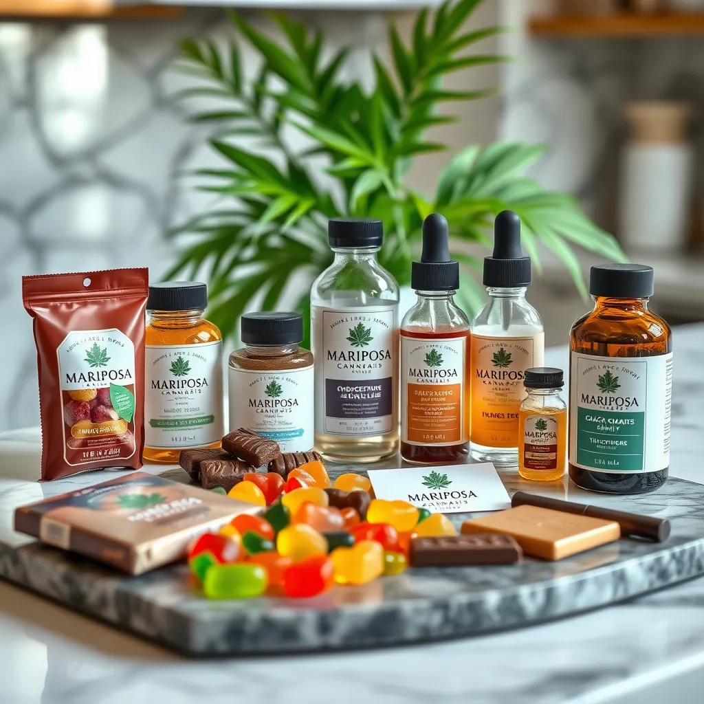 A mouth-watering assortment of Mariposa Cannabis edibles and tinctures displayed on a chic marble countertop. The scene includes colorful gummies, chocolate bars, and elegant glass tincture bottles, with a splash of green foliage in the background for a fresh touch.
