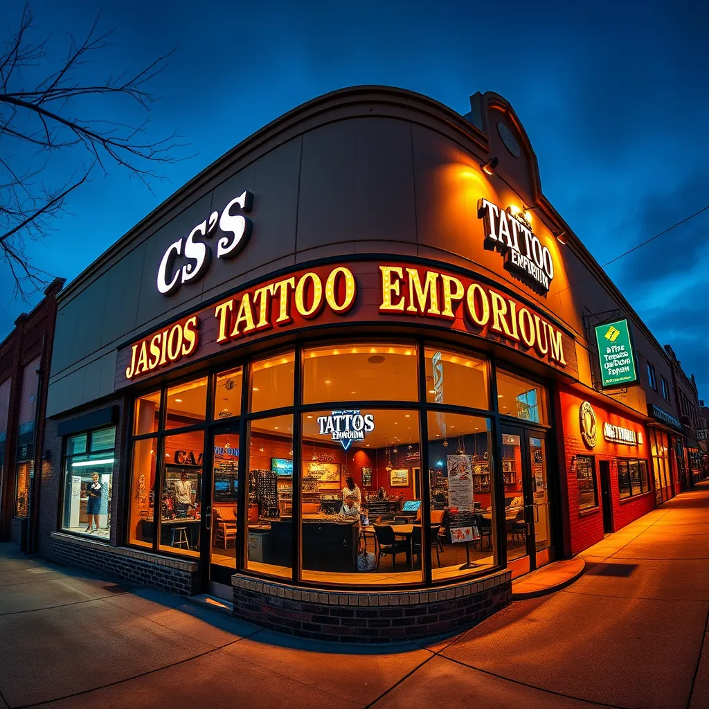 A panoramic view of the CS Tattoo Emporium studio's exterior during the evening. The building has a modern and inviting design with warm lighting. The image showcases the studio's location in a vibrant and bustling area of Windsor, emphasizing its accessibility.