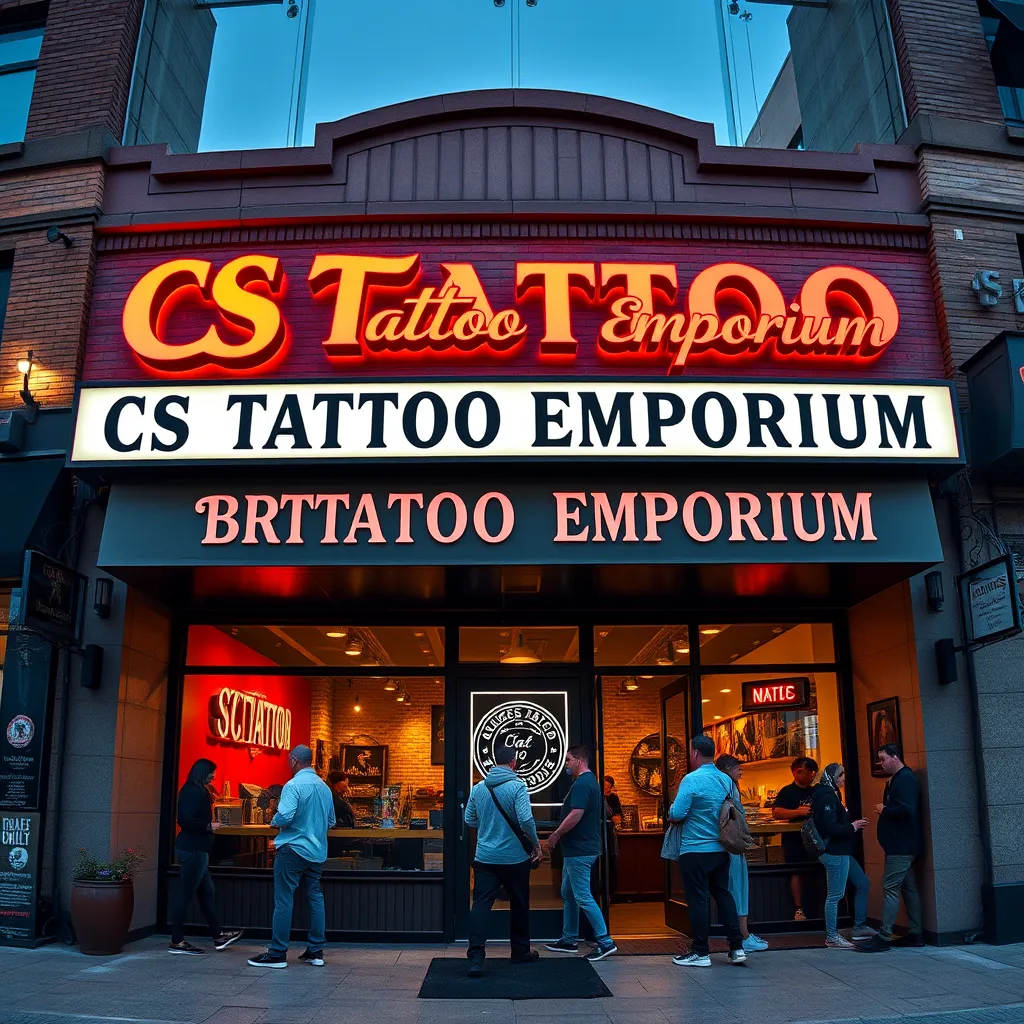 A panoramic view of the exterior of CS Tattoo Emporium, a modern and stylish storefront with prominent signage. People are entering and exiting the studio, showcasing the vibrant and welcoming atmosphere.