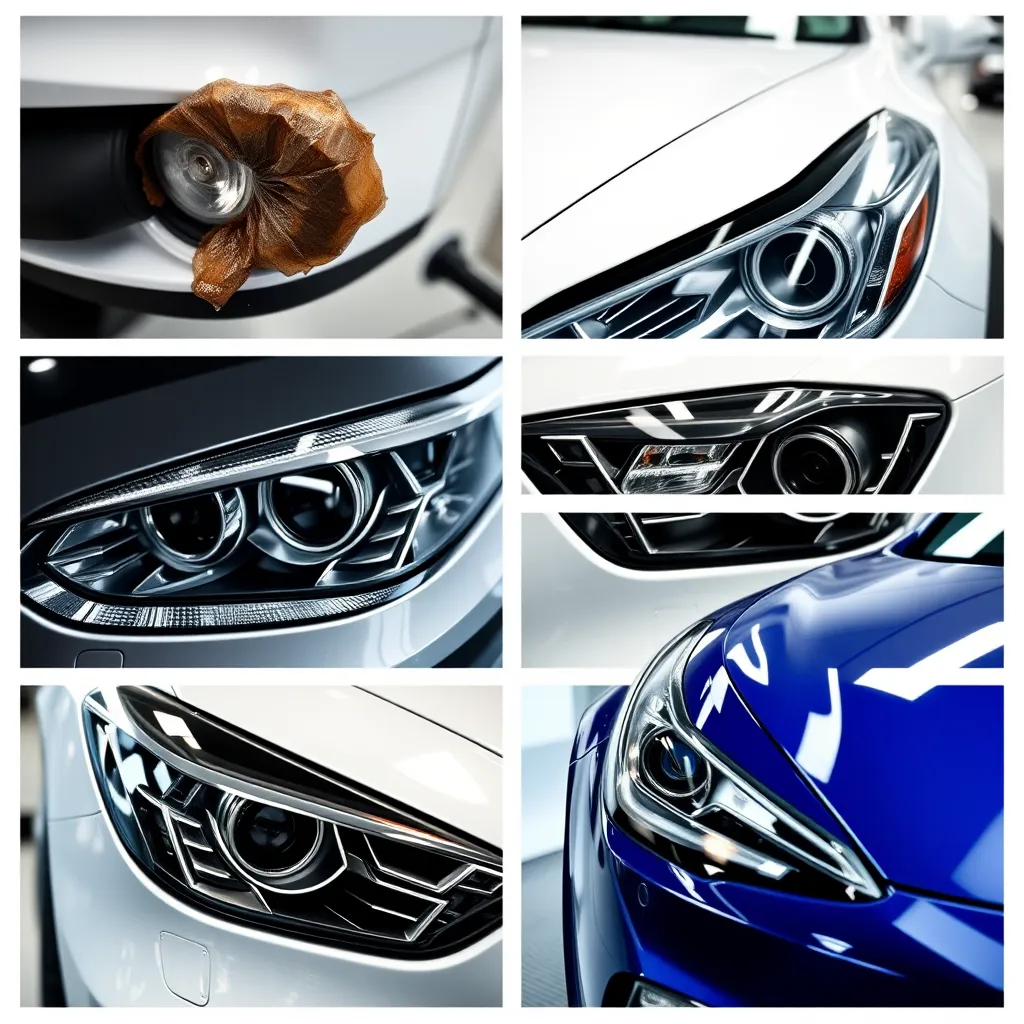 A photo collage featuring various car detailing services. Each image should showcase a different service, such as a close-up of a bumper being repaired, a before-and-after image of headlight restoration, and a car with shiny, freshly polished paint. The images should be visually appealing and represent the quality of the services offered.