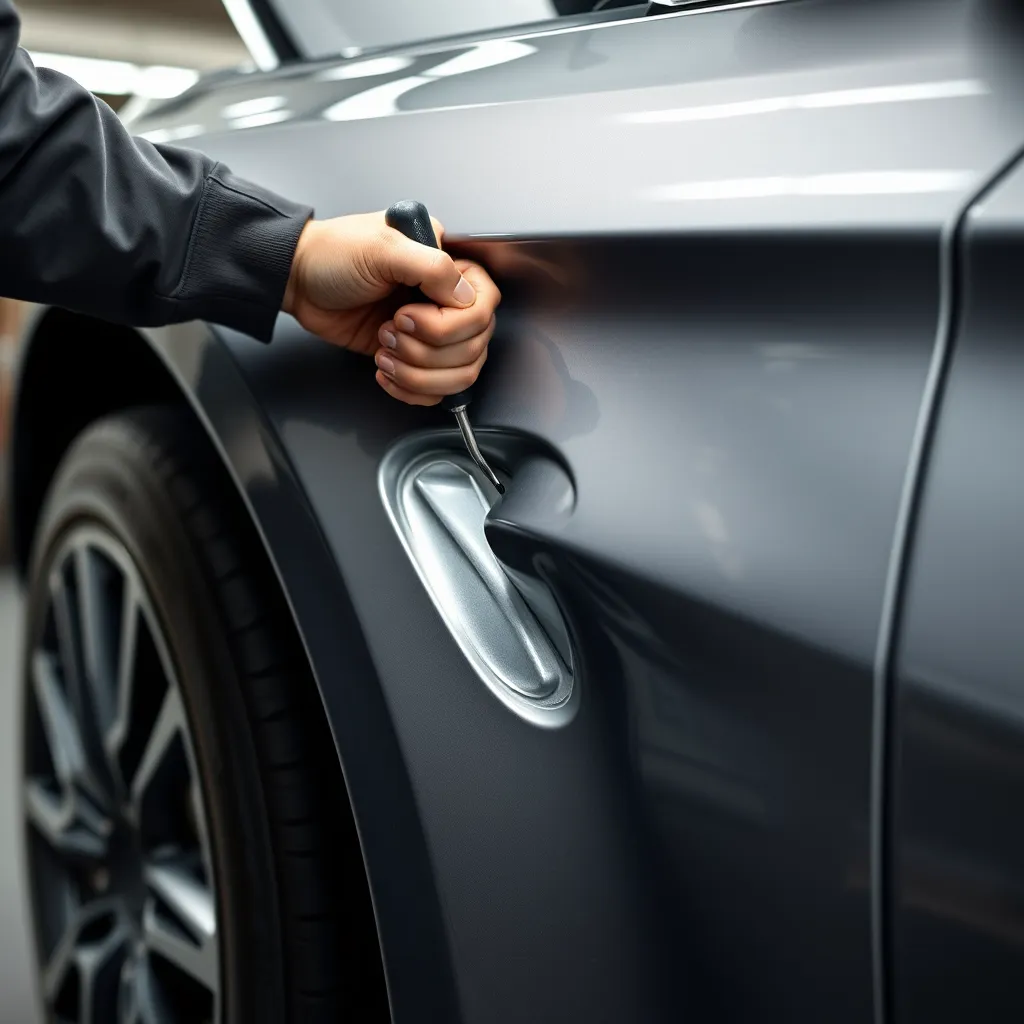 A photo of a car with a significant dent on its door being expertly repaired by a professional, using tools to gently push out the metal. The background should show a clean, professional detailing shop.