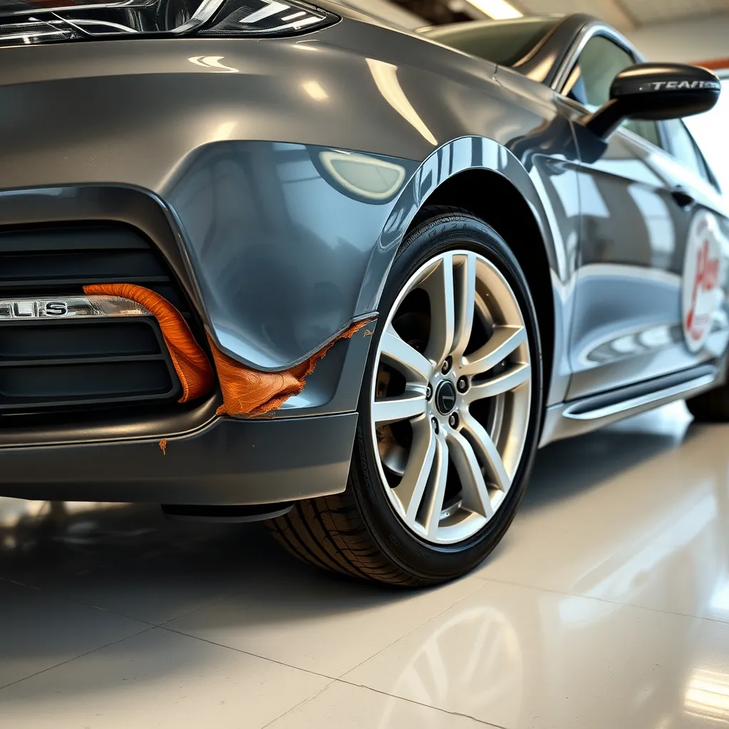A photo of a car with both a repaired bumper and a set of restored wheels. The bumper should have a noticeable repair, highlighting the craftsmanship and quality of the work. The wheels should be spotless and gleaming, free from any damage or scratches. The car should be parked in a clean, professional environment, showcasing the finished product.