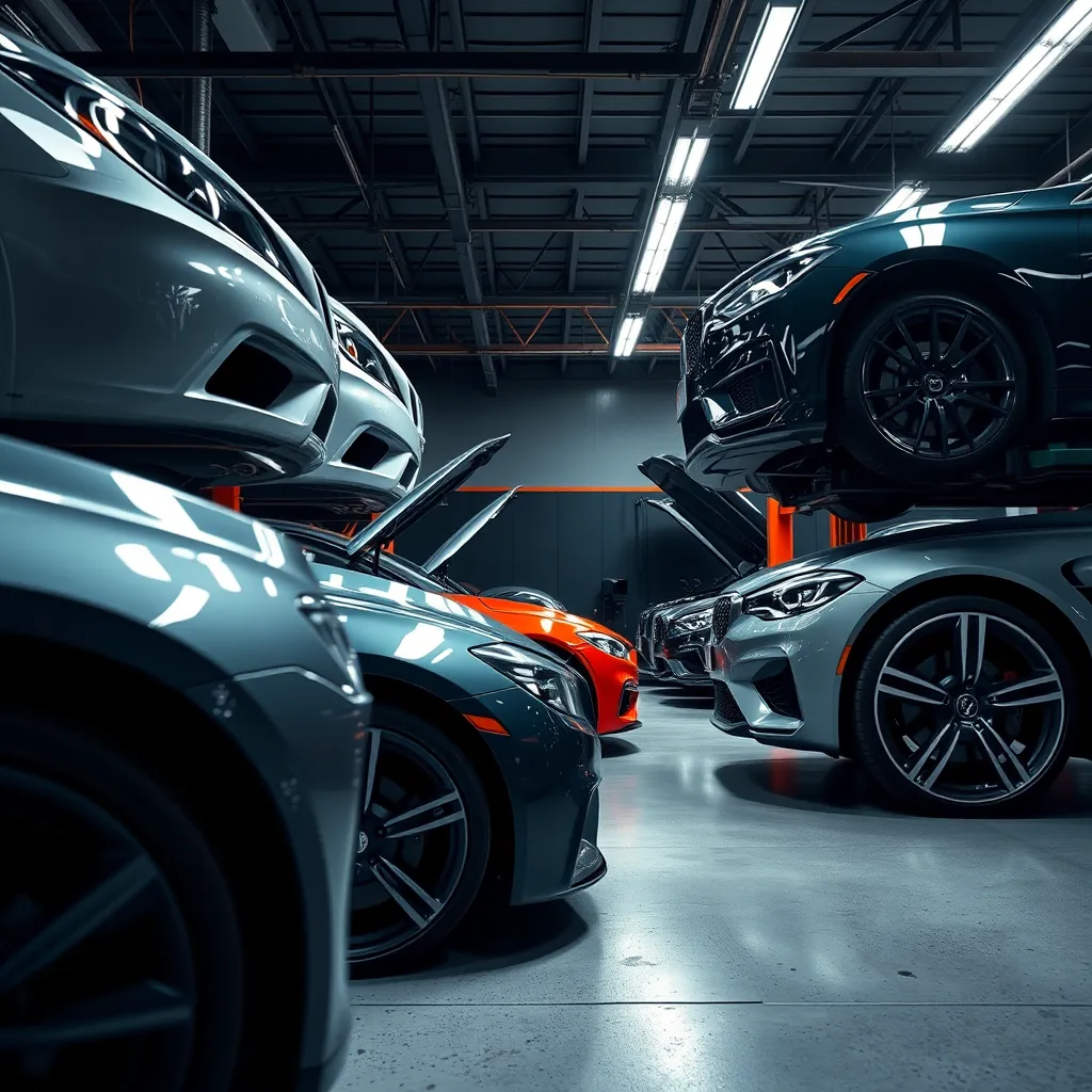 A photo of a garage interior with multiple cars being worked on, showcasing different services like bumper repair, wheel restoration, and dent removal, highlighting the variety of services offered by CS Car Detailing.
