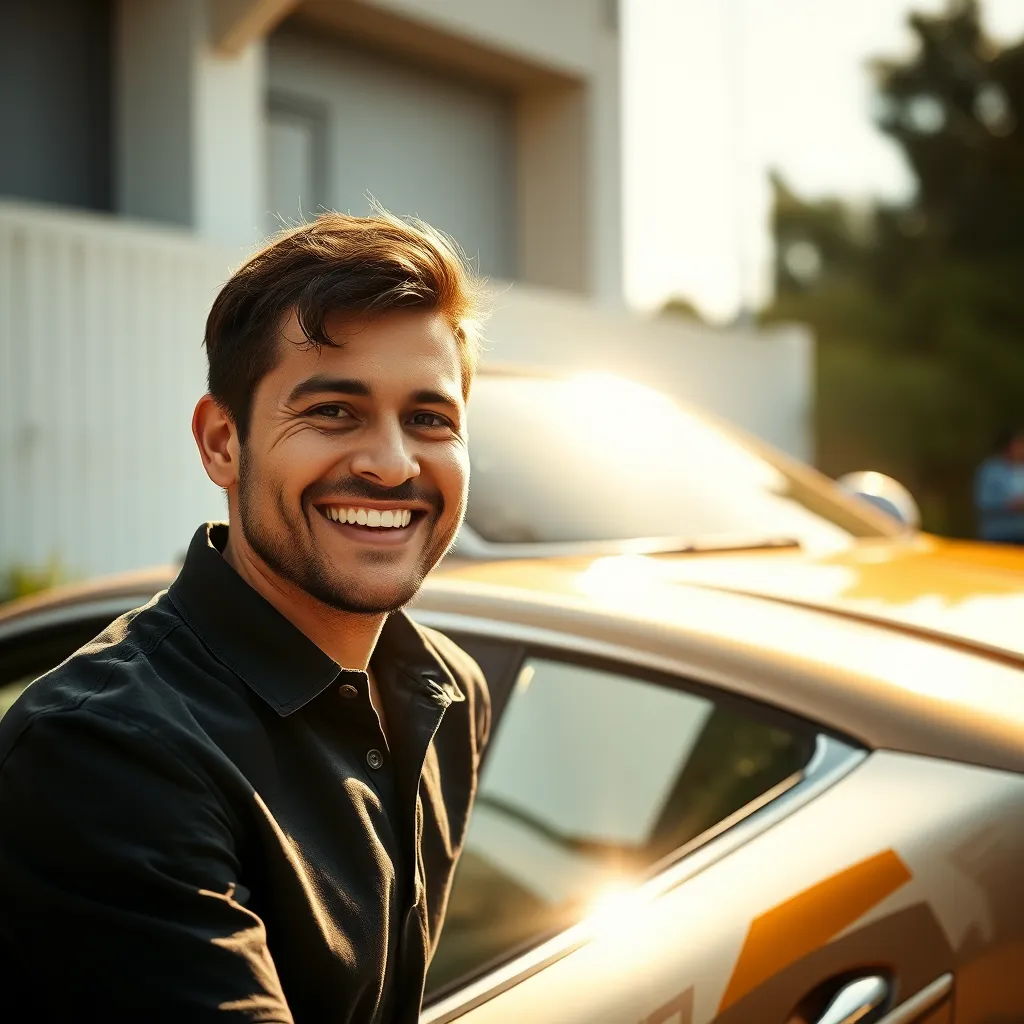 A photo of a happy customer smiling next to their freshly detailed car, gleaming in the sunlight, showcasing the transformative results of CS Car Detailing services.