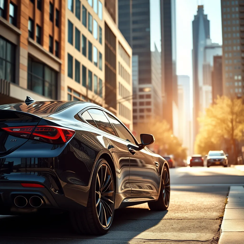 A photo of a sleek black car parked on a sunny street in downtown Chicago. The car should have a perfect shine, showcasing the quality of CS Car Detailing's services. The image should capture the vibrant energy of Chicago's cityscape in the background, highlighting the company's location and reach.