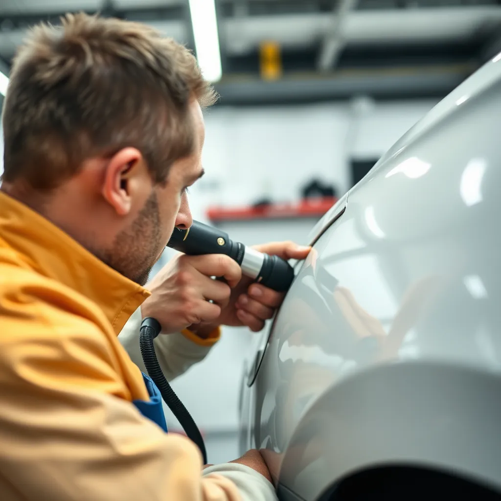 A photo of a technician working on a car with a dent. The technician should be using a dent removal tool, and the image should show the dent gradually being removed. The background should be a clean, professional auto shop setting. The image should be bright and well-lit, showcasing the technician's expertise and the precision of the repair process.